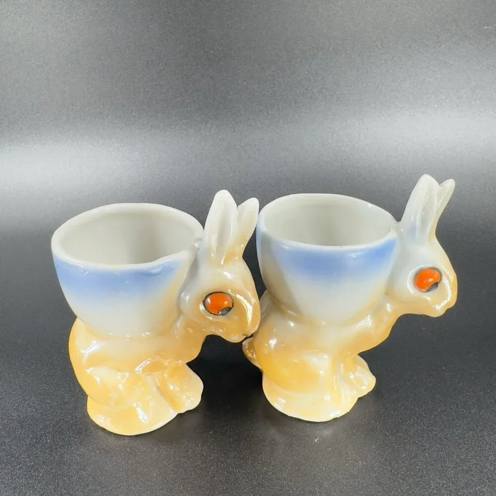 Japanese Ceramic‎ Lusterware Rabbit Bunny Egg Holder Set 2 Toothpick Holder VTG
